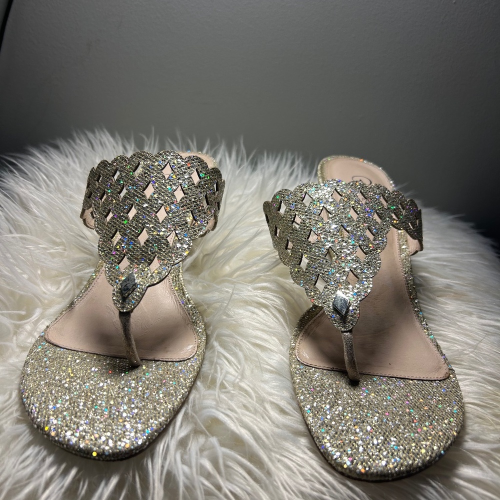 Adrianna Papell Gold Glitter Wedge Sandal. Size 10